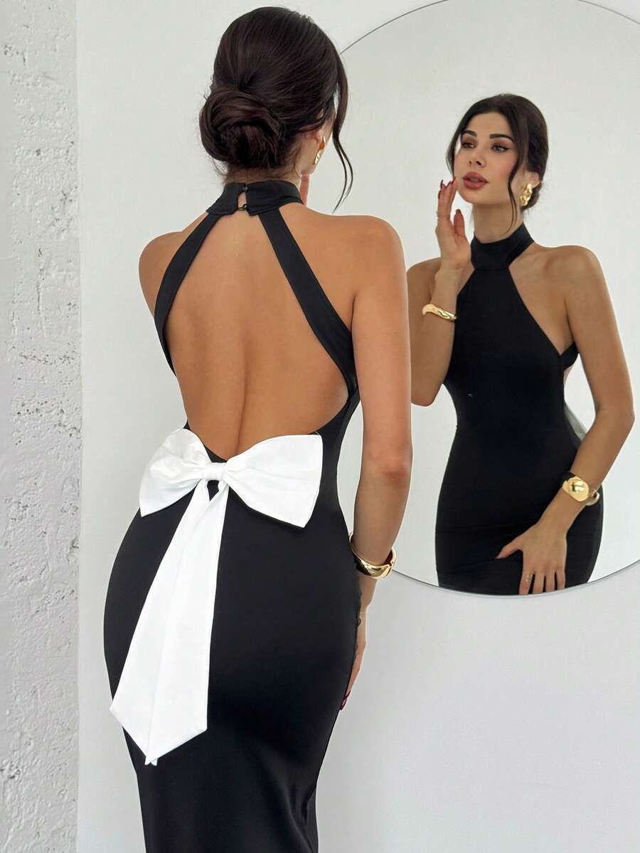 Ženska Elegantna Crno-Bela  Večernja Maxi Haljina