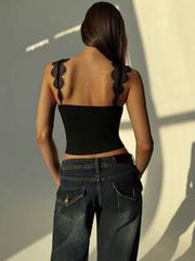 Aloruh Women's Black Summmer Elegant Rave Lace Patchwork Crop Top,Deep Sweetheart Neck Fitted Cami Undershirt,Party Clubwear Bohemian Streetwear Tops