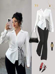 Selianne Women Paisley Pattern Knot Side Long Sleeve Asymmetrical Blouse