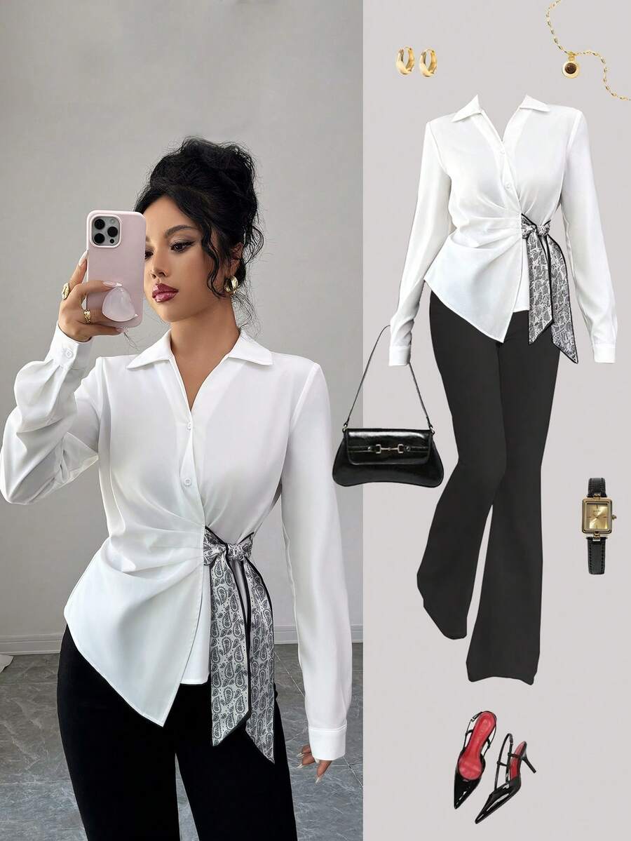 Selianne Women Paisley Pattern Knot Side Long Sleeve Asymmetrical Blouse
