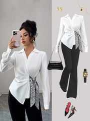 Selianne Women Paisley Pattern Knot Side Long Sleeve Asymmetrical Blouse