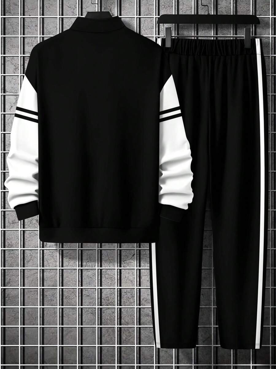 Muški set dukserica i pantalone sa colorblock printom, tanki za proleće/jesen