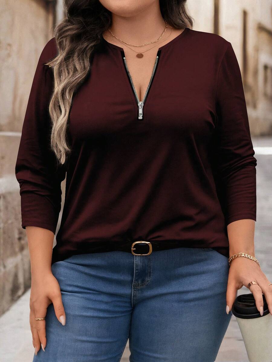Bluza plus size, širokog kroja, sa polu-ziperom, okruglim izrezom i dugim rukavima