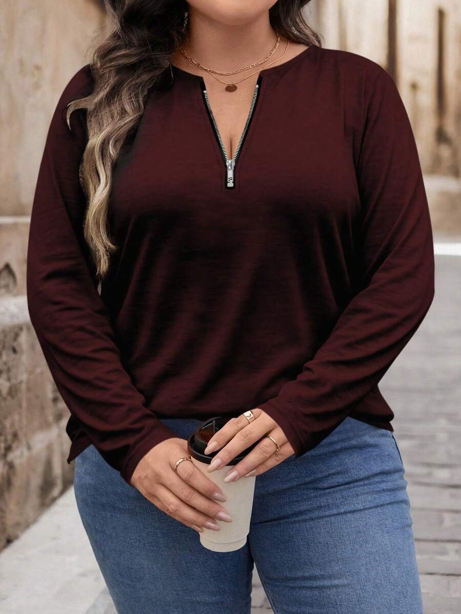 Bluza plus size, širokog kroja, sa polu-ziperom, okruglim izrezom i dugim rukavima