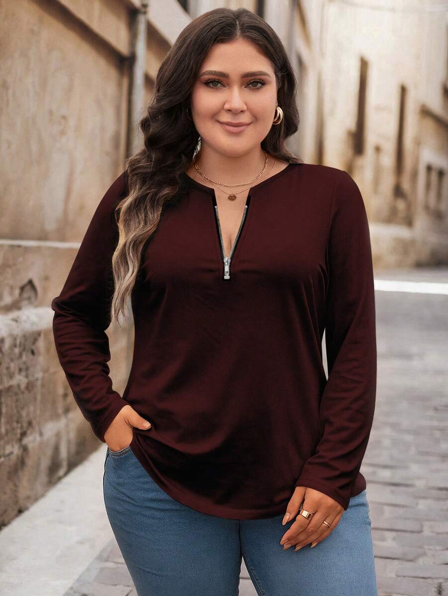 Bluza plus size, širokog kroja, sa polu-ziperom, okruglim izrezom i dugim rukavima