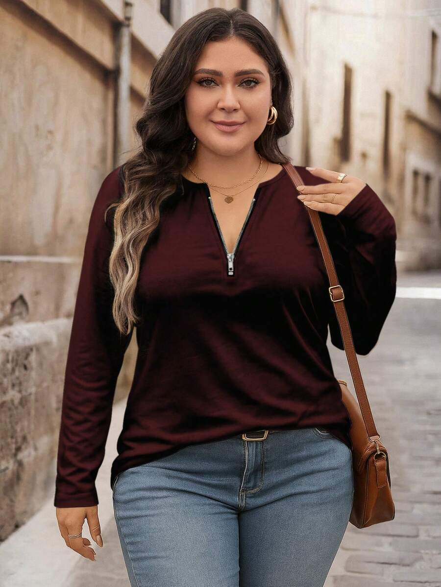 Bluza plus size, širokog kroja, sa polu-ziperom, okruglim izrezom i dugim rukavima
