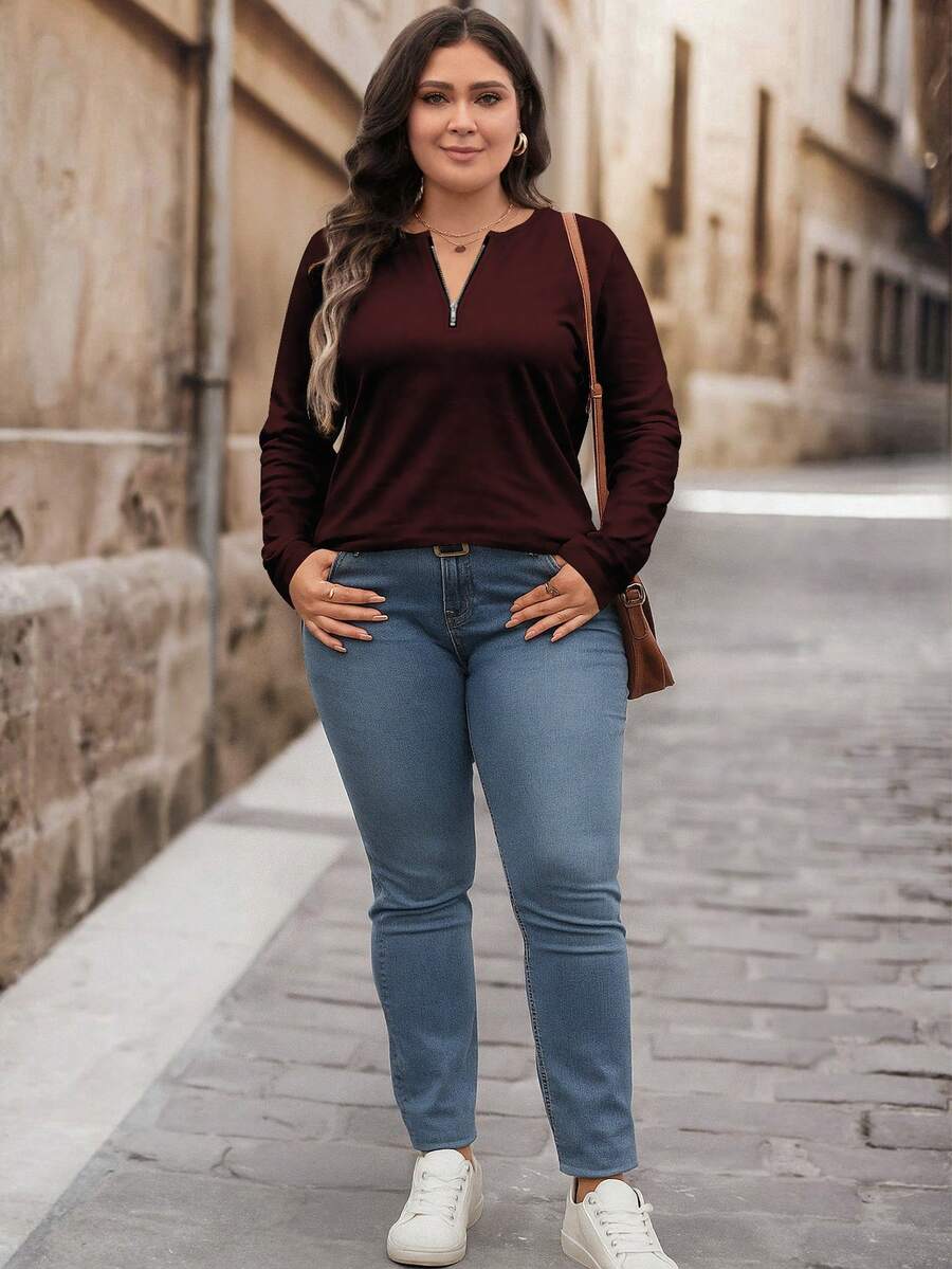 Bluza plus size, širokog kroja, sa polu-ziperom, okruglim izrezom i dugim rukavima