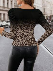SHEIN Clasi Leopard Print Square Neck Gigot Sleeve Casual Minimalist Long Sleeve Top, Suitable For Spring And Autumn
