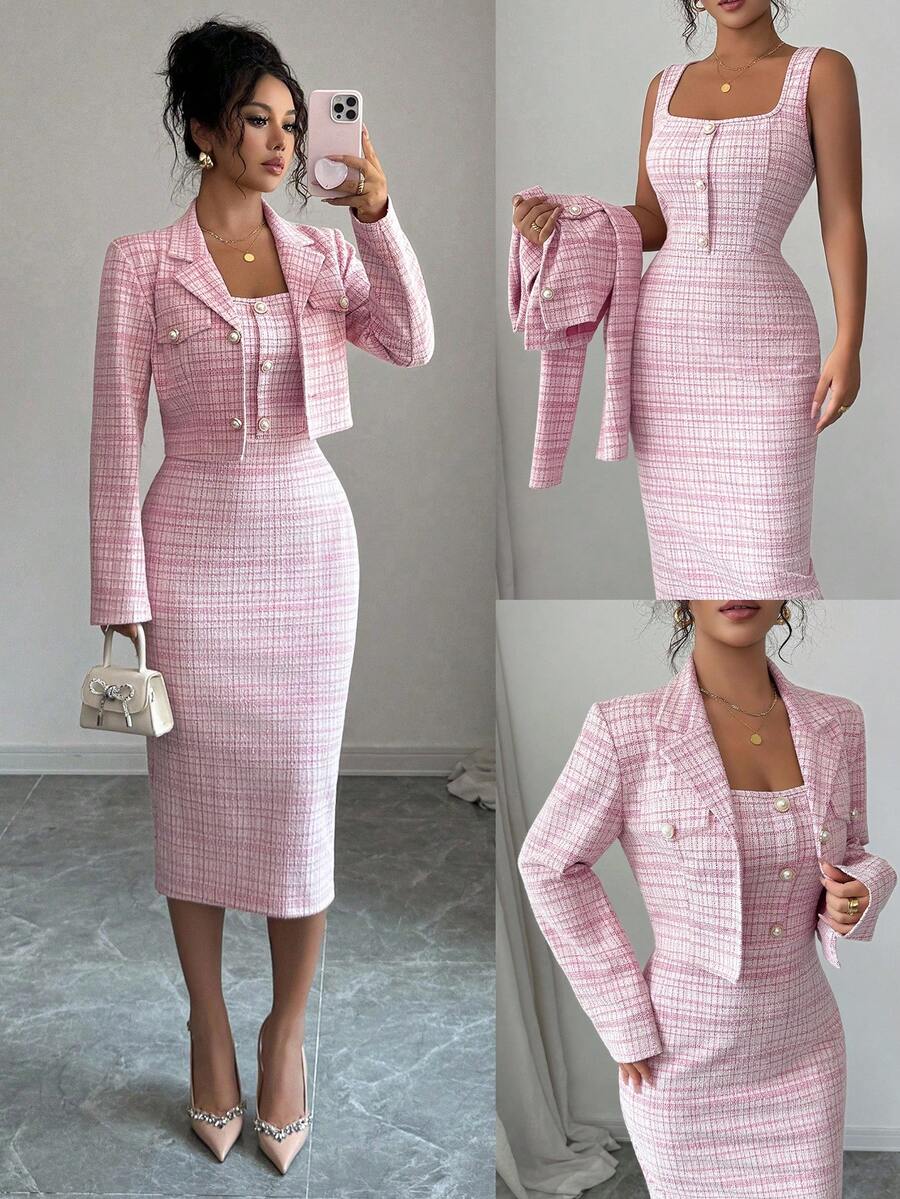 Tweed odelo od 2 dela: elegantna sako jakna  + uska haljina bez rukava