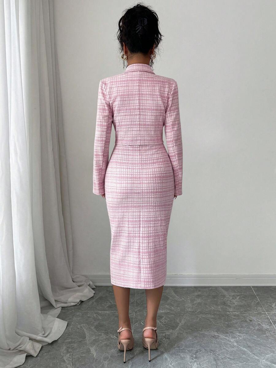 Tweed odelo od 2 dela: elegantna sako jakna  + uska haljina bez rukava