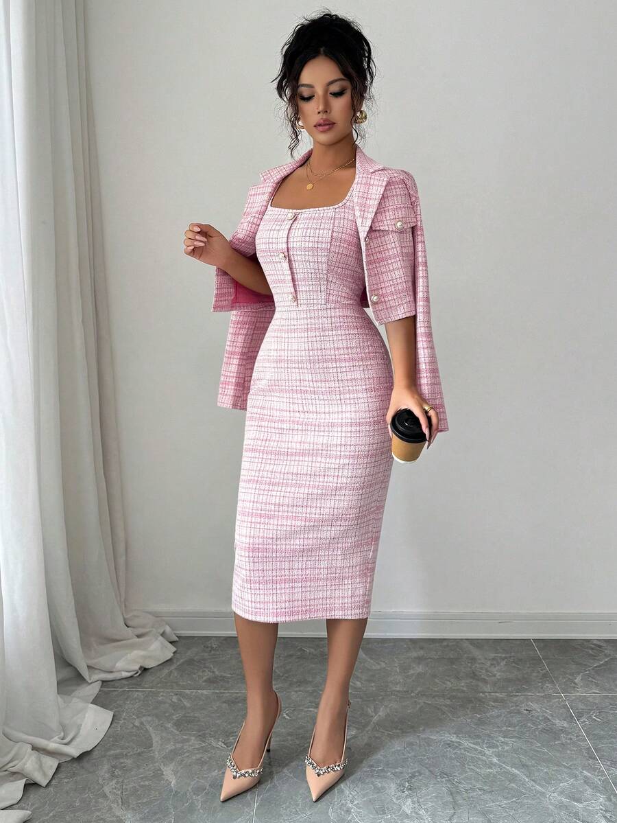 Tweed odelo od 2 dela: elegantna sako jakna  + uska haljina bez rukava