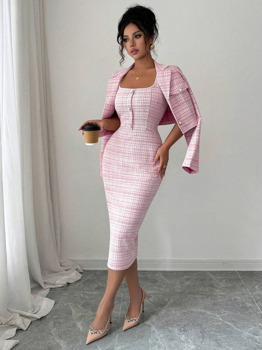 Tweed odelo od 2 dela: elegantna sako jakna  + uska haljina bez rukava