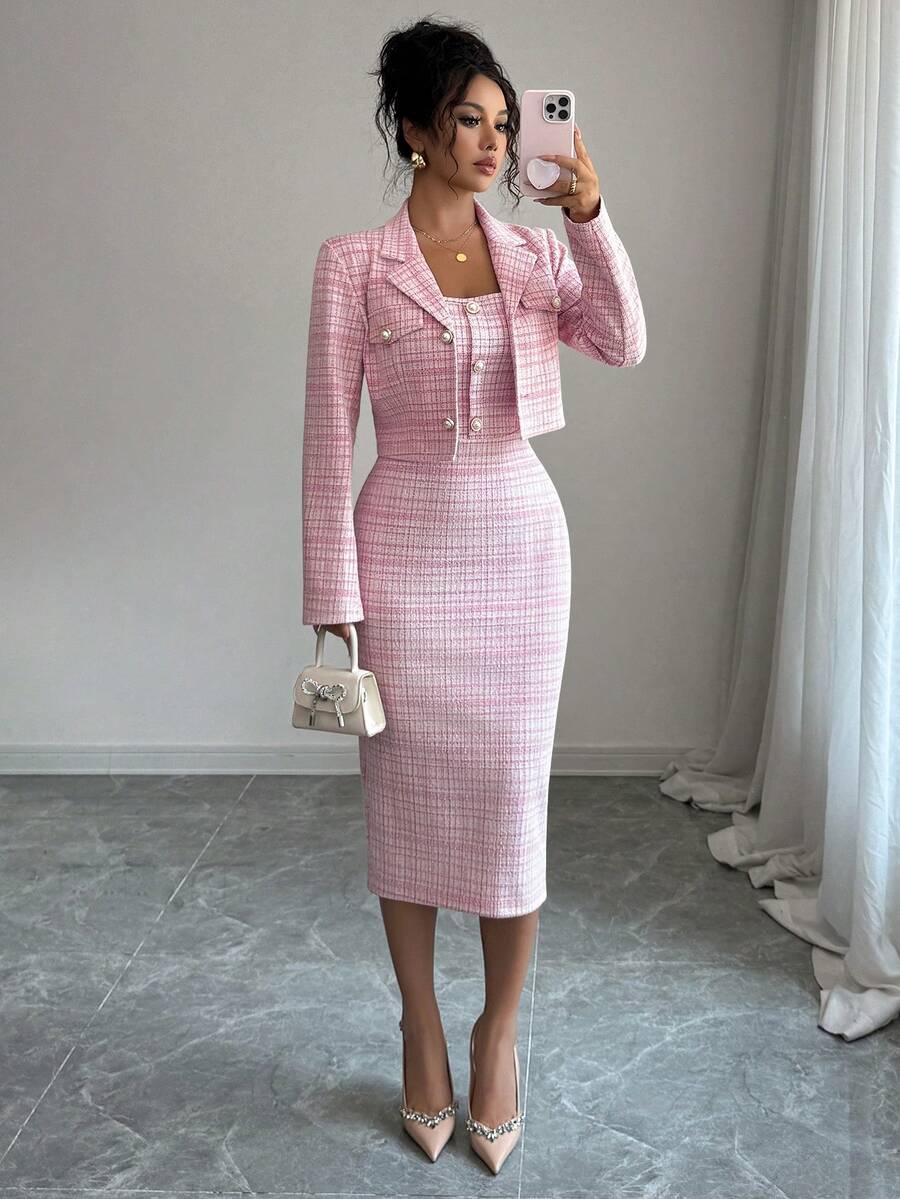 Tweed odelo od 2 dela: elegantna sako jakna  + uska haljina bez rukava