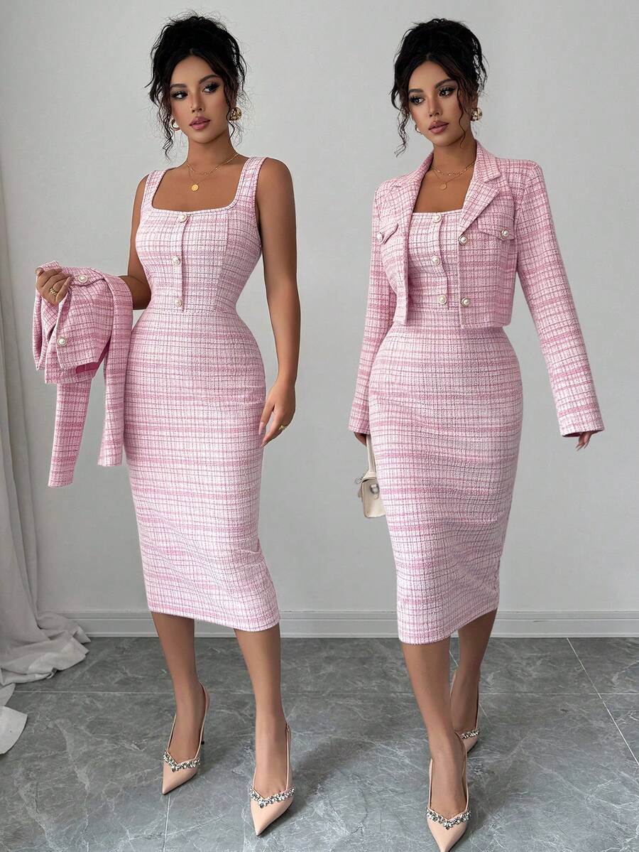 Tweed odelo od 2 dela: elegantna sako jakna  + uska haljina bez rukava
