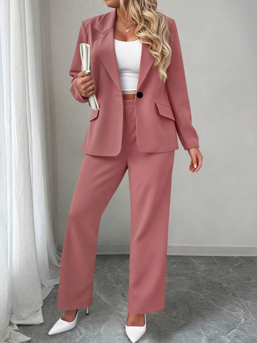 Ženski komplet sako i pantalone u jednobojnoj boji, plus size