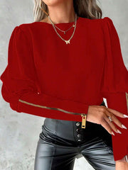 SHEIN Clasi Women Blouse With Puff Sleeves And Metal Zipper Design For New Year Clothes