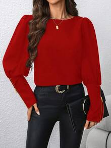 SHEIN Clasi Women Blouse With Puff Sleeves And Metal Zipper Design For New Year Clothes