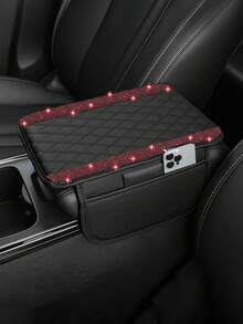 1pc Universal Sparkling Diamond Car Armrest Cover - Leather Center Console Protector With 2 Storage Pockets, Fits Most Vehicles