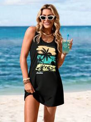 Sylviya Casual Palm Tree & Beach Graphic Sleeveless Dress, Suitable For Spring/Summer Chic Dress,Vacation