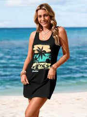 Sylviya Casual Palm Tree & Beach Graphic Sleeveless Dress, Suitable For Spring/Summer Chic Dress,Vacation