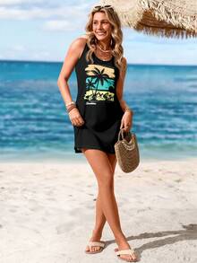 Sylviya Casual Palm Tree & Beach Graphic Sleeveless Dress, Suitable For Spring/Summer Chic Dress,Vacation