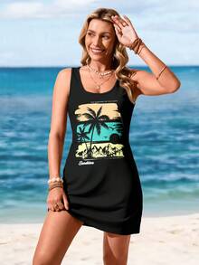 Sylviya Casual Palm Tree & Beach Graphic Sleeveless Dress, Suitable For Spring/Summer Chic Dress,Vacation