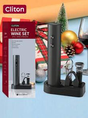 CLITON 5-In-1 Electric Wine Opener Gift Set, Includes Electric Wine Opener, Battery-Operated Corkscrew, Foil Cutter, Pourer, Stopper And Wine Holder Base, Ideal Wine Gift For Birthday, Wedding And Other Occasions