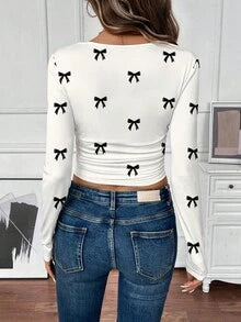 SHEIN LUNE Women's Cute Bow Tie White And Black Printed Long Sleeve T-Shirt
