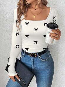 SHEIN LUNE Women's Cute Bow Tie White And Black Printed Long Sleeve T-Shirt