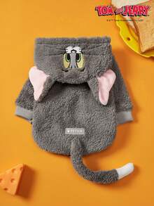 TOM & JERRY X PETSIN 1pc Embroidered 3D Ear D Ration Cute Double Sided Plush Hooded Dog Hoodie, Warm & Comfortable, Perfect For Cozy Indoor Cuddles Or Chilly Outdoor Evening Walks