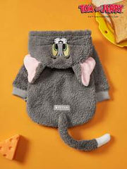 TOM & JERRY X PETSIN 1pc Embroidered 3D Ear D Ration Cute Double Sided Plush Hooded Dog Hoodie, Warm & Comfortable, Perfect For Cozy Indoor Cuddles Or Chilly Outdoor Evening Walks