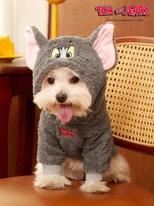 TOM & JERRY X PETSIN 1pc Embroidered 3D Ear D Ration Cute Double Sided Plush Hooded Dog Hoodie, Warm & Comfortable, Perfect For Cozy Indoor Cuddles Or Chilly Outdoor Evening Walks