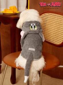 TOM & JERRY X PETSIN 1pc Embroidered 3D Ear D Ration Cute Double Sided Plush Hooded Dog Hoodie, Warm & Comfortable, Perfect For Cozy Indoor Cuddles Or Chilly Outdoor Evening Walks