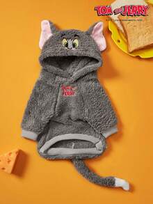 TOM & JERRY X PETSIN 1pc Embroidered 3D Ear D Ration Cute Double Sided Plush Hooded Dog Hoodie, Warm & Comfortable, Perfect For Cozy Indoor Cuddles Or Chilly Outdoor Evening Walks