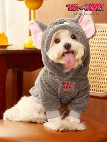 TOM & JERRY X PETSIN 1pc Embroidered 3D Ear D Ration Cute Double Sided Plush Hooded Dog Hoodie, Warm & Comfortable, Perfect For Cozy Indoor Cuddles Or Chilly Outdoor Evening Walks