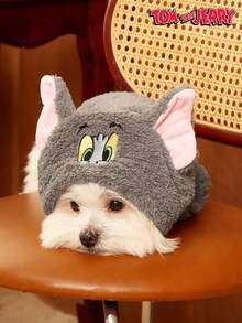 TOM & JERRY X PETSIN 1pc Embroidered 3D Ear D Ration Cute Double Sided Plush Hooded Dog Hoodie, Warm & Comfortable, Perfect For Cozy Indoor Cuddles Or Chilly Outdoor Evening Walks