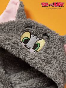 TOM & JERRY X PETSIN 1pc Embroidered 3D Ear D Ration Cute Double Sided Plush Hooded Dog Hoodie, Warm & Comfortable, Perfect For Cozy Indoor Cuddles Or Chilly Outdoor Evening Walks