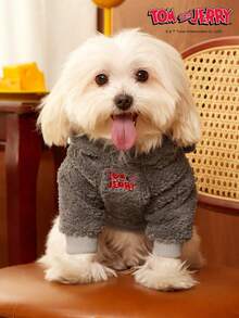 TOM & JERRY X PETSIN 1pc Embroidered 3D Ear D Ration Cute Double Sided Plush Hooded Dog Hoodie, Warm & Comfortable, Perfect For Cozy Indoor Cuddles Or Chilly Outdoor Evening Walks
