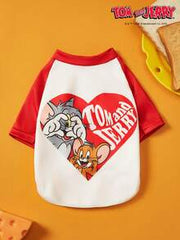 TOM & JERRY X PETSIN 1pc Love Cartoon Cute Print Red And White Splicing Pet T-Shirt