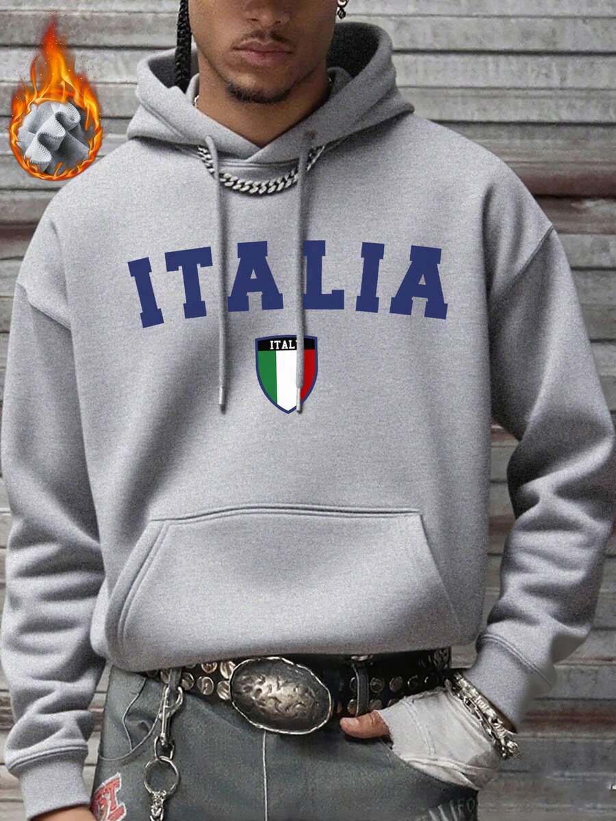 Muška dukserica sa kapuljačom širokog kroja i kengur džepom, italijanski stil, jesen/zima