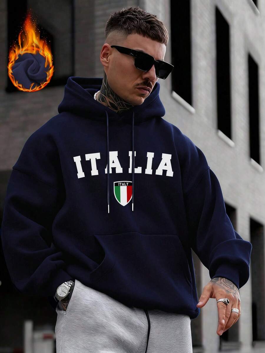 Muška dukserica sa kapuljačom širokog kroja i kengur džepom, italijanski stil, jesen/zima