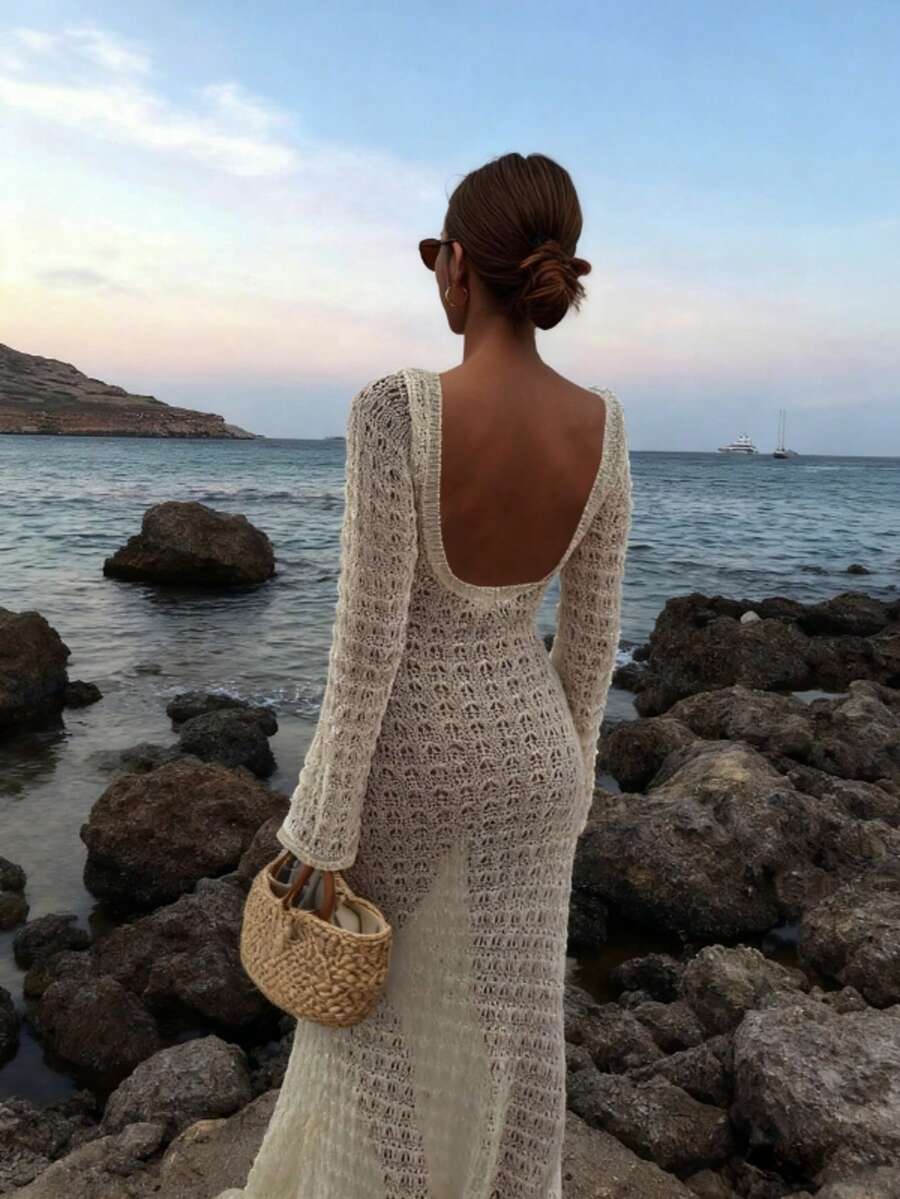 Ženska jednobojna duga pletena haljina, seksi bez leđa dizajn za odmor na plaži