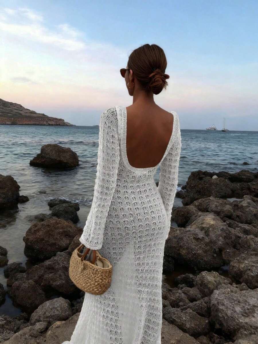 Ženska jednobojna duga pletena haljina, seksi bez leđa dizajn za odmor na plaži