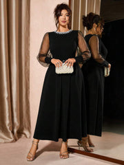 Elegantna ženska haljina A-kroja plus size sa perlama i mrežicom