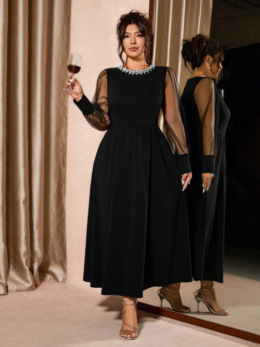 Elegantna ženska haljina A-kroja plus size sa perlama i mrežicom