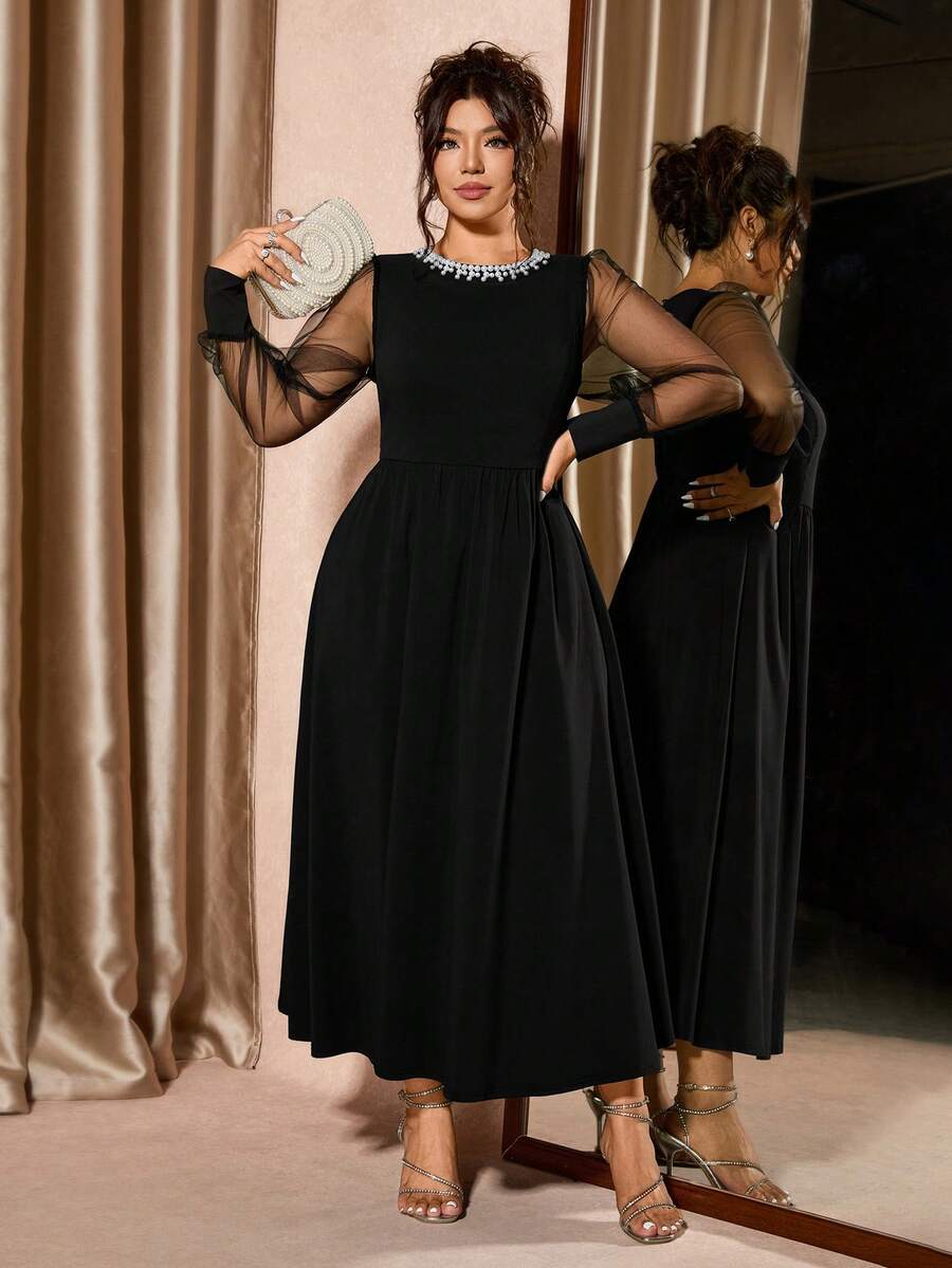Elegantna ženska haljina A-kroja plus size sa perlama i mrežicom