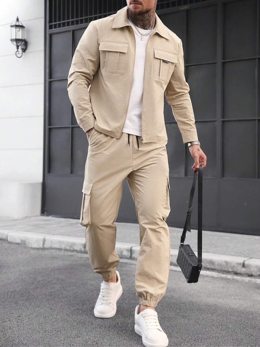 Muški khaki jesenji streetwear set od prane gužvane tkanine, sa više džepova