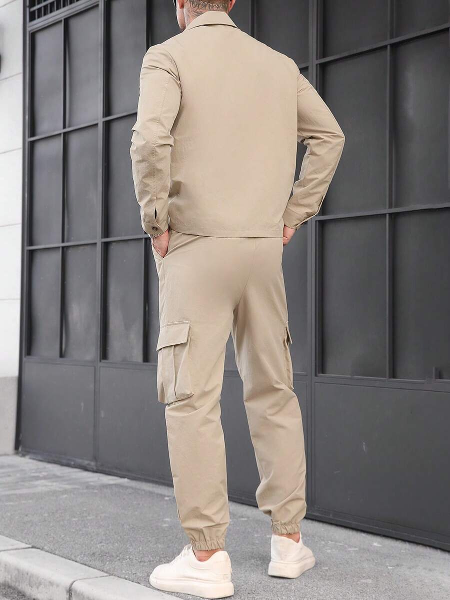 Muški khaki jesenji streetwear set od prane gužvane tkanine, sa više džepova