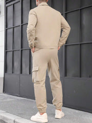 Muški khaki jesenji streetwear set od prane gužvane tkanine, sa više džepova