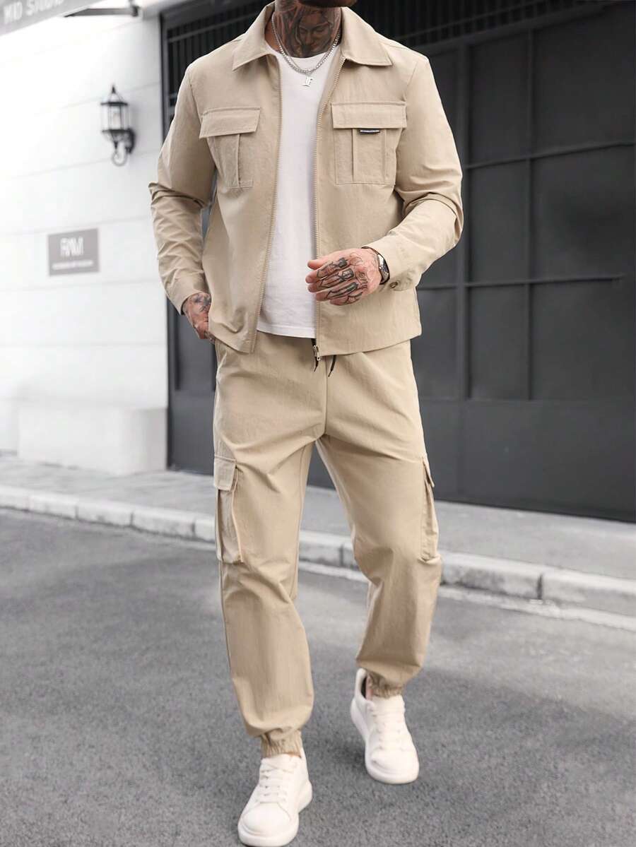 Muški khaki jesenji streetwear set od prane gužvane tkanine, sa više džepova